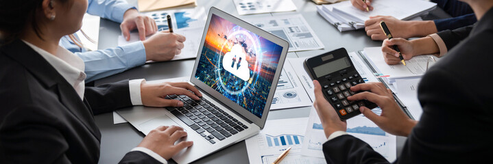 Poster - Business intelligence and data analysis concept. Analyst team working on financial data analysis dashboard on laptop screen as marketing indication for effective business strategic planning. Insight