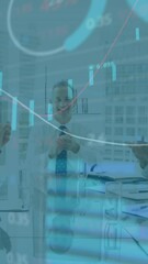 Poster - Animation of financial data processing over group of business people sitting at table, clapping