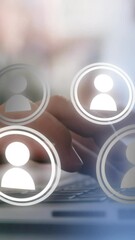 Poster - Animation of network of digital people icons over businesswoman using laptop in office