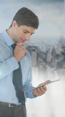 Poster - Animation of network of glowing connections over businessman using tablet and cityscape
