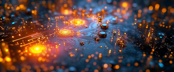 Fototapete - Intricate circuit board design with glowing pathways evokes complex connectivity