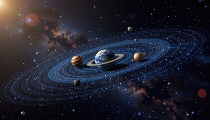 Wall Mural - Colorful Representation of Planets Orbiting Earth in a Cosmic Universe Full of Stars