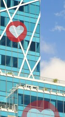 Poster - Animation of multiple heart love icons over modern cityscape in background