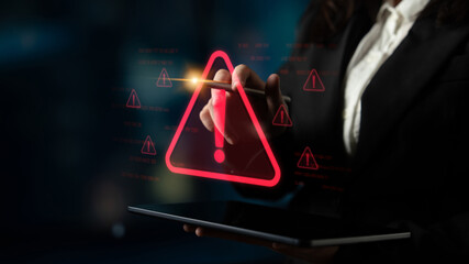 Poster - Cybersecurity alert warning showing red cyber for data breach, network threat, and cyber security system vulnerability with emphasis on security risk, caution, digital protection Latch