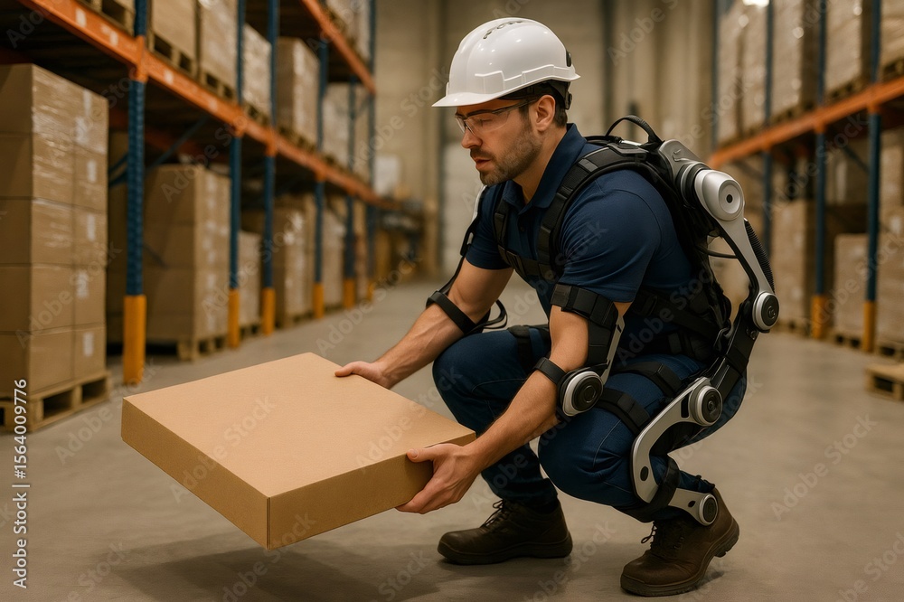 Warehouse worker wearing exoskeleton lifting heavy cardboard box in ...