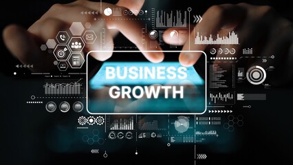 Poster - Business Growth Concept with Digital Interface and Data Analysis in Modern Workspace Environment. Asymptotic smart data analytic.