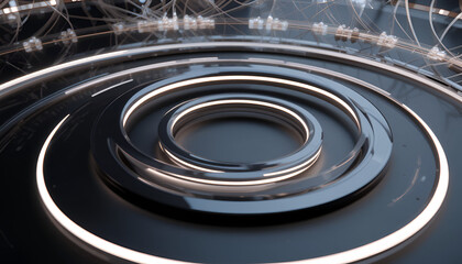 Aufkleber - Glossy abstract rings present a futuristic technological design with glowing lights, perfect for modern backgrounds and digital art projects.