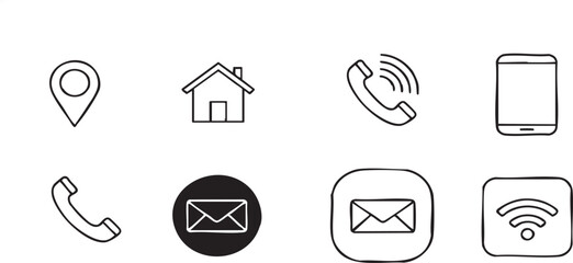Communication & Contact Icons Set – Line and Solid Style Vector Symbols for Phone, Email, Home, Wi-Fi, Location, Mobile, UI, and Web Interface Design