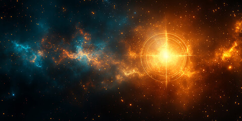 Wall Mural - Stunning abstract space background featuring a bright orange starburst nebula and distant blue clouds of interstellar dust
