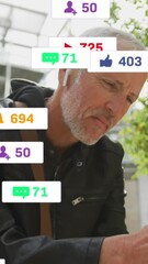 Poster - Animation of social media icons over senior man using smartphone