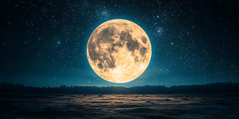 Wall Mural - Stunning full moon rising over dark forest at night with sparkling stars creating a tranquil and magical atmosphere