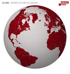 Poster - Vector Globe centered to North Atlantic Ocean. Snow White Crimson palette. World map with meridians, parallels, countries, rivers and lakes. Neat vector illustration.