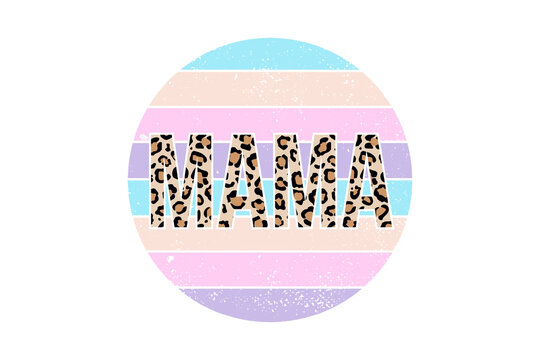 Illustration of mama leopard print text on a pastel rainbow circle isolated on transparent background