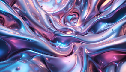 Poster - Abstract surface ripples with metallic shine and vibrant purple, pink, and blue color gradient, creating a mesmerizing and visually engaging design.