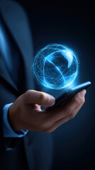 Poster - Person holding smartphone with glowing holographic globe representation