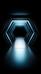 Poster - Bright blue illuminated corridor leading to a dark space at night