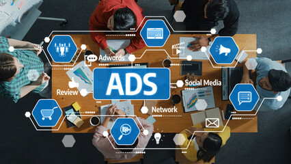 Poster - A diverse team collaborates in a modern workspace, focusing on advertising strategies and digital marketing solutions, using technology and analytics for effective campaigns. Amity