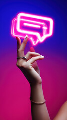 Poster - Neon chat bubble held delicately by a hand with stylish accessories