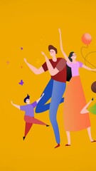 Poster - Animation of illustration of happy family dancing with balloons on yellow background