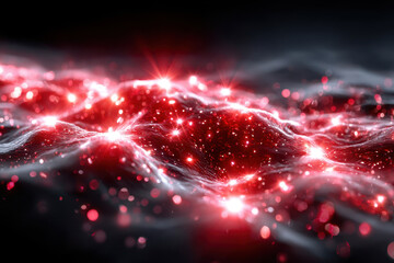 Poster - Dynamic red and black waves illuminated by sparkling light particles at night