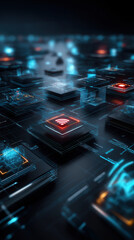 Poster - Digital network landscape with glowing circuits and symbols at night in a tech environment