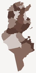 Poster - Map of Tunisia with regions. Just a simple country border map with region division. Brown color palette. Flat Tunisia shape with administrative division. Vector illustration.
