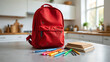 © Masud - Red backpack with notebooks and pens on a kitchen counter ready for school