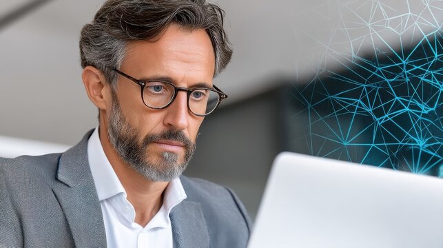 Businessman working on a laptop with digital network graphics in the background