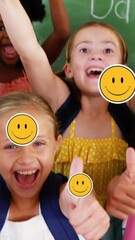 Poster - Animation of falling icons over diverse school children with thumbs up in class at school