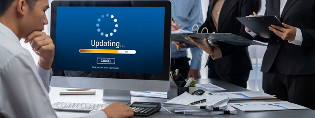 Poster - Business intelligence and data analysis concept. Analyst team working on financial data analysis dashboard on laptop screen as marketing indication for effective business strategic planning. Insight