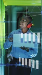 Poster - Animation of data processing over african american male it engineer and computer servers