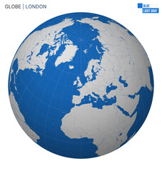 Poster - Vector Globe centered to London. Blue Light Gray palette. World map with meridians, parallels, countries, rivers and lakes. Appealing vector illustration.