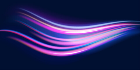 Poster - Panoramic high-speed technology concept with abstract light trails and glowing neon colors in blue, yellow, and orange, representing the rapid motion and energy in a futuristic environment.