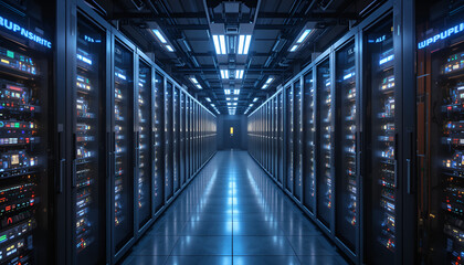 Poster - Inside a futuristic data center, a long aisle of server racks glows with vibrant neon blue and teal lighting.