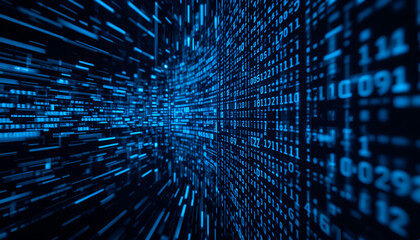 Poster - Flowing blue digital data stream and binary code represents computer network technology, data analysis, and the future of information.