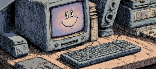 Poster - 1990s Cartoon Computer Setup with Smiling CRT Monitor and Keyboard