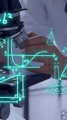 Poster - Animation of scientific data processing over caucasian female scientist with microscope