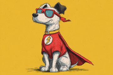 Poster - Heroic Cartoon Dog with Red Cape and Sunglasses in 90s Retro Style