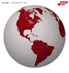 Poster - Vector Globe centered to Caribbean Sea. Snow White Crimson palette. World map with meridians, parallels, countries, rivers and lakes. Vibrant vector illustration.