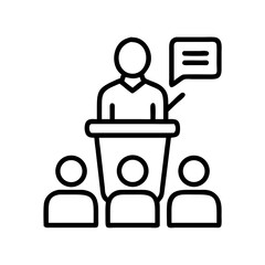 Poster - Presentation speaker at podium giving speech to audience icon vector illustration design on transparent background