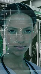 Poster - Mathematical equations over portrait of woman in computer server.