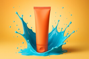 Poster - Dynamic composition featuring a vibrant orange tube surrounded by a striking blue splash against a warm yellow background, emphasizing freshness and energy in product presentation