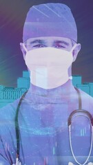Poster - Male surgeon wearing face mask against 3D city model spinning on blue background
