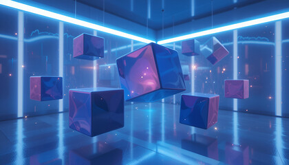 Aufkleber - Reflective cubes float in a blue neon room, offering a modern and abstract concept with digital art style and geometric design.