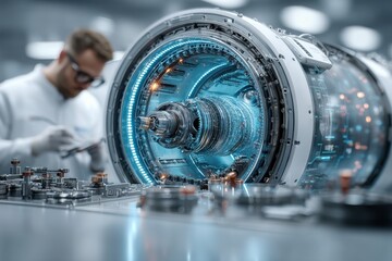 Poster - Scientist analyzing advanced engine components in a high-tech laboratory