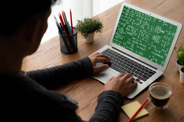 Poster - Mathematic equations and modish formula on computer screen showing concept of science and education