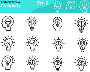 Fototapete - A creativity icon set includes vector illustrations symbolizing imagination and innovation, such as light bulbs, pencils, paintbrushes, gears, brain icons, and abstract shapes. 