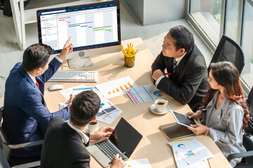 Poster - Project planning software for modish business project management on the computer screen showing timeline chart of the team project