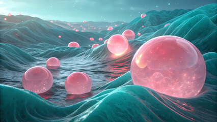 Poster - Pink orbs on ocean waves, surreal seascape wallpaper, dreamy abstract water scene, fantasy background