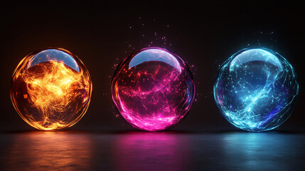 Wall Mural - Three glowing energy spheres displaying fire plasma and electricity in a dark environment creating a futuristic effect